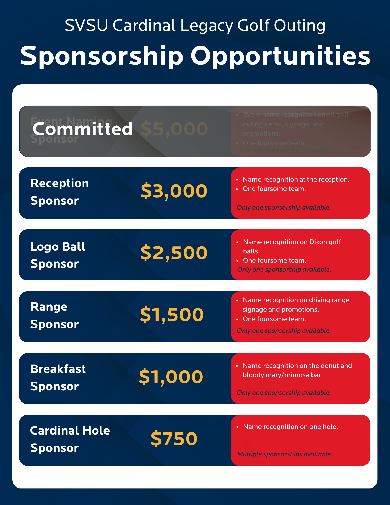 SVSU Cardinal Legacy Golf Outing Sponsorship Opportunities. Contact Arianna Jones at ajjones5@svsu.edu for any questions